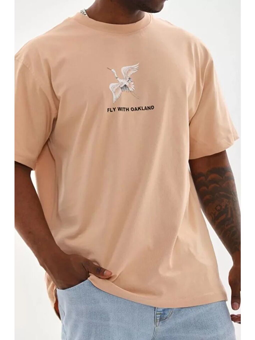 Unisex Baskılı Oversize T-Shirt - Bej-1