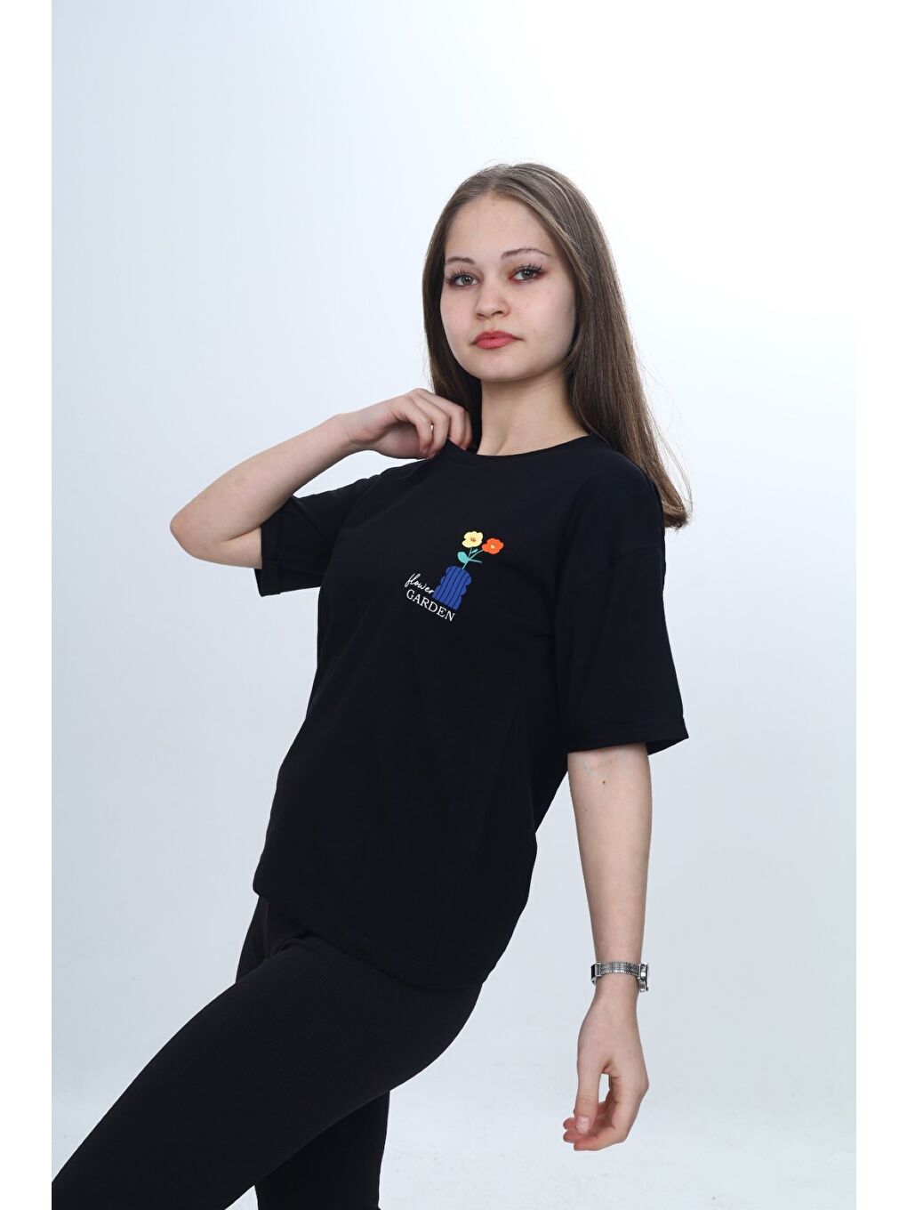 Siyah Kız Çocuk Baskılı Bisiklet Yaka Düşük Omuz Kısa Kollu Tişört 24974-3