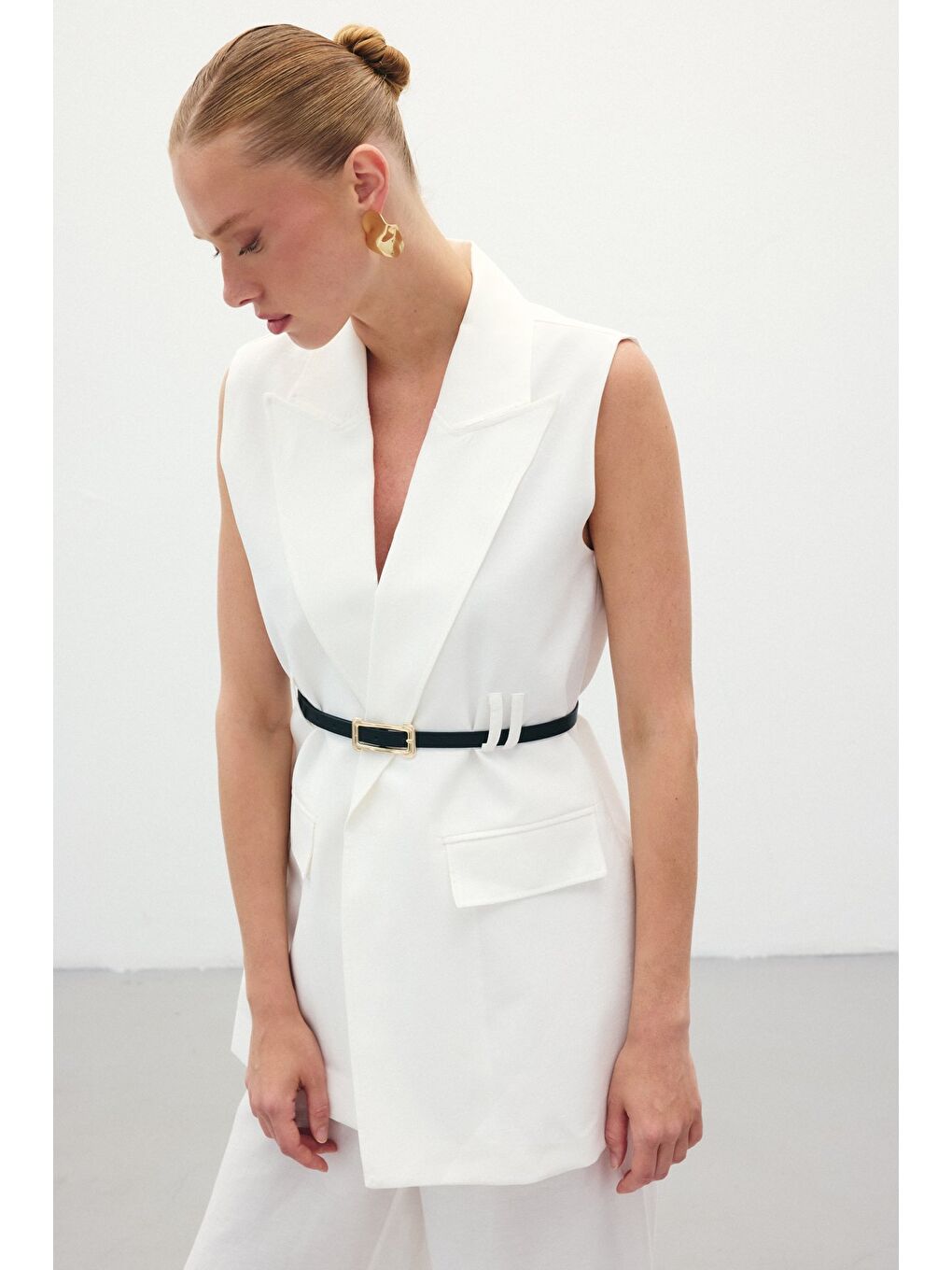 Kemerli Keten Yelek - Ekru-3