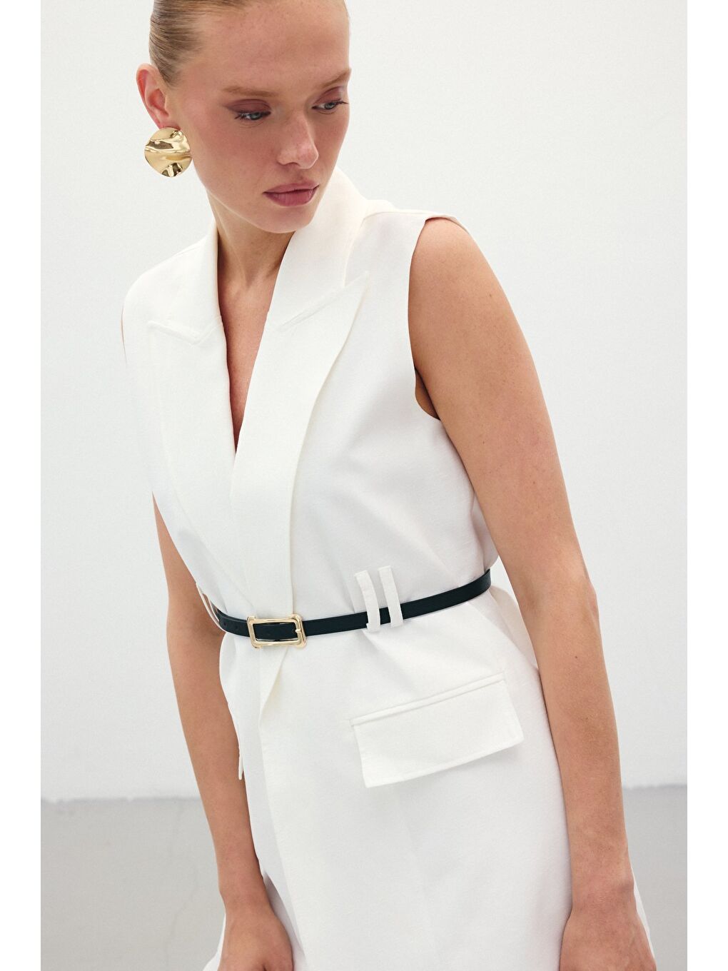 Kemerli Keten Yelek - Ekru-4