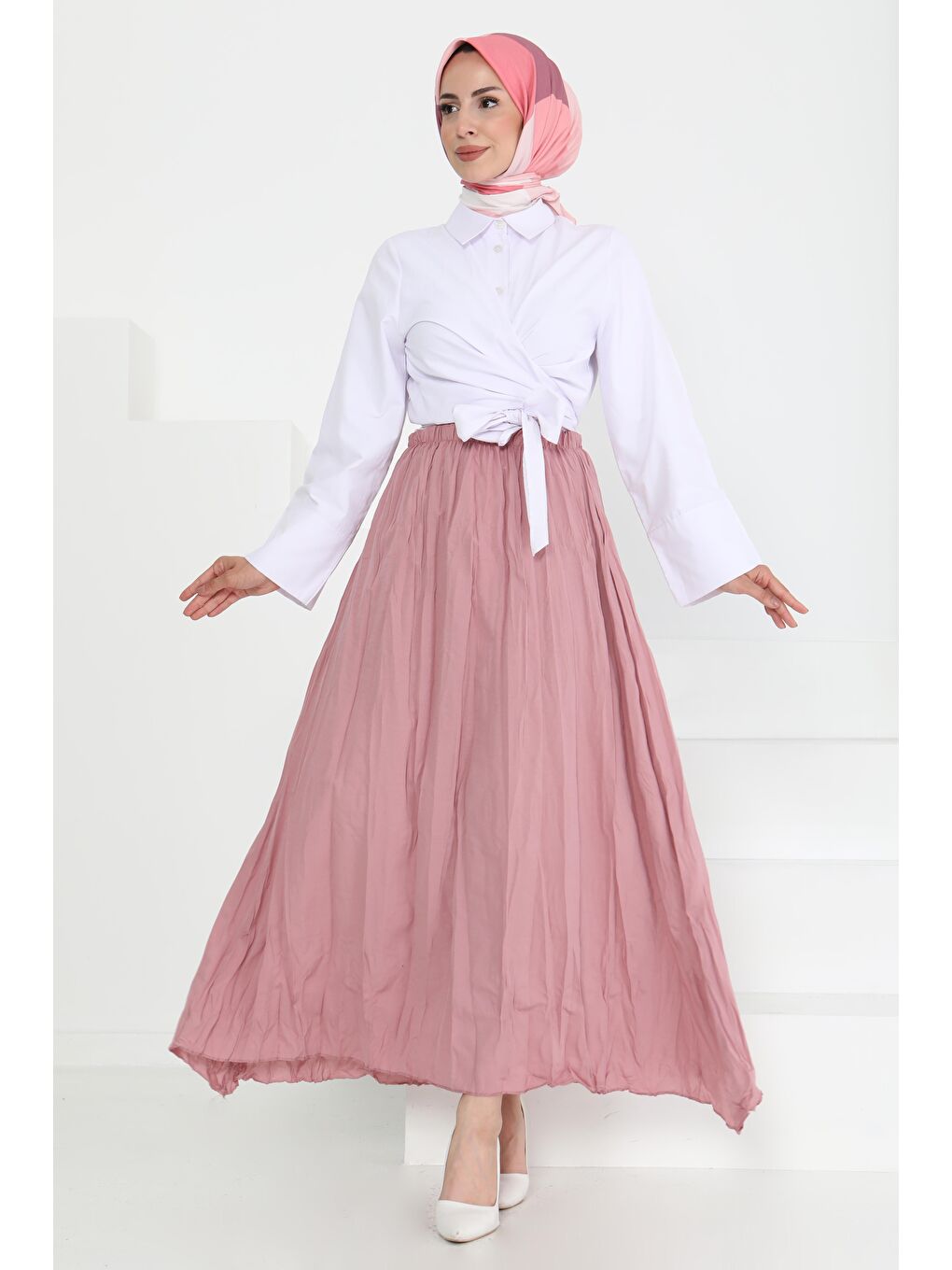 Pembe Beli Lastikli Kırışık Etek Gül - 27013