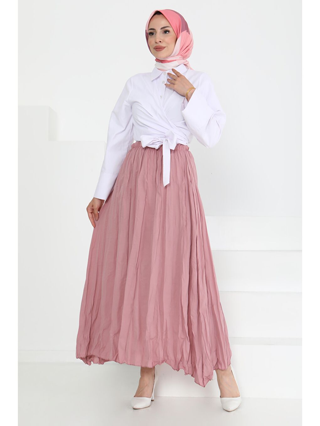 Pembe Beli Lastikli Kırışık Etek Gül - 27013-1
