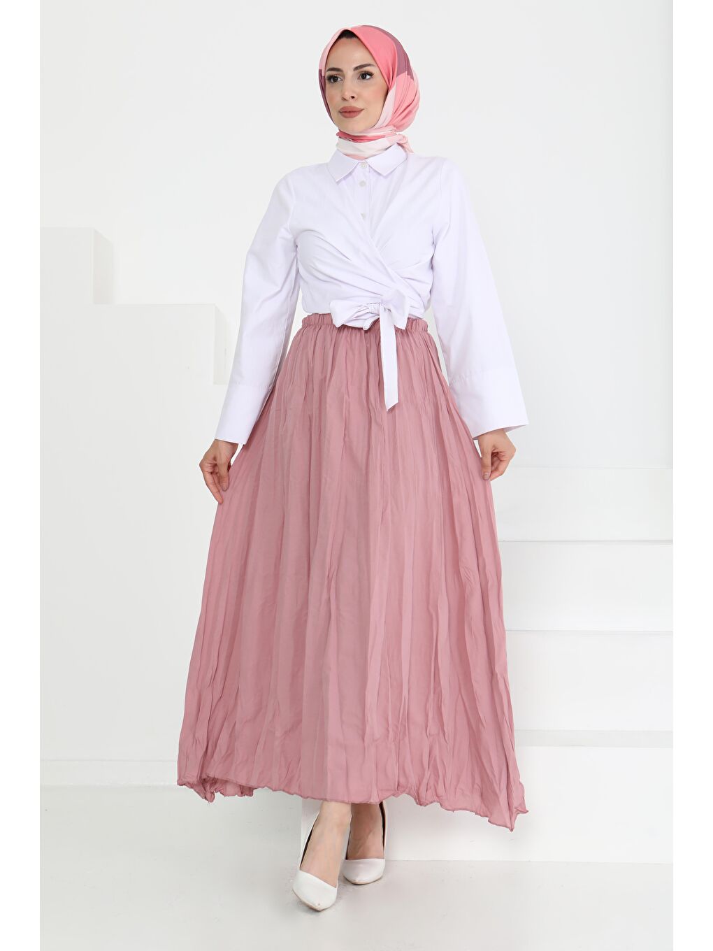 Pembe Beli Lastikli Kırışık Etek Gül - 27013-2