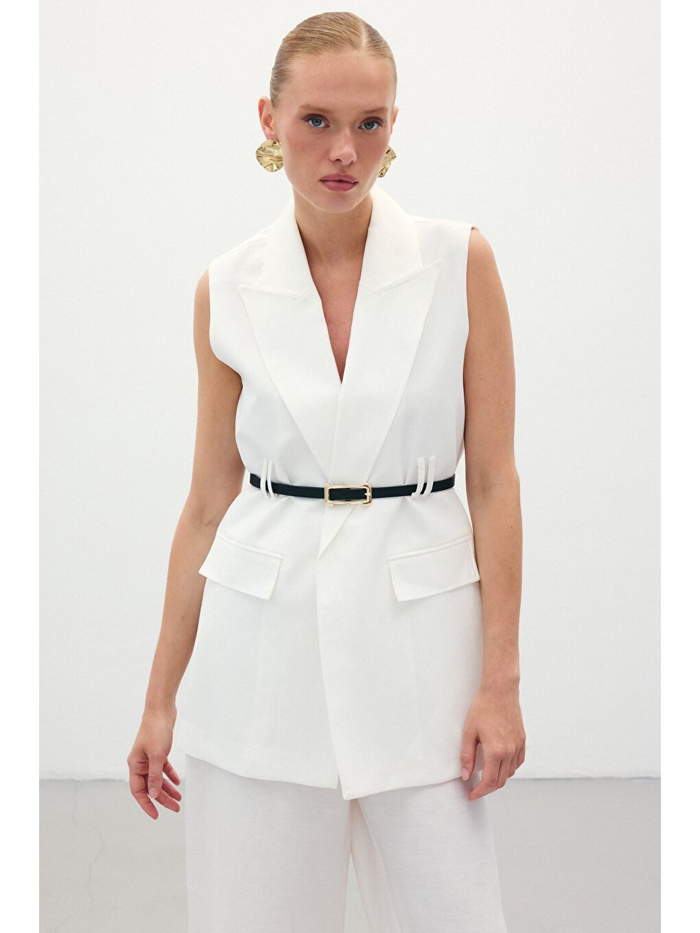 Kemerli Keten Yelek - Ekru-5