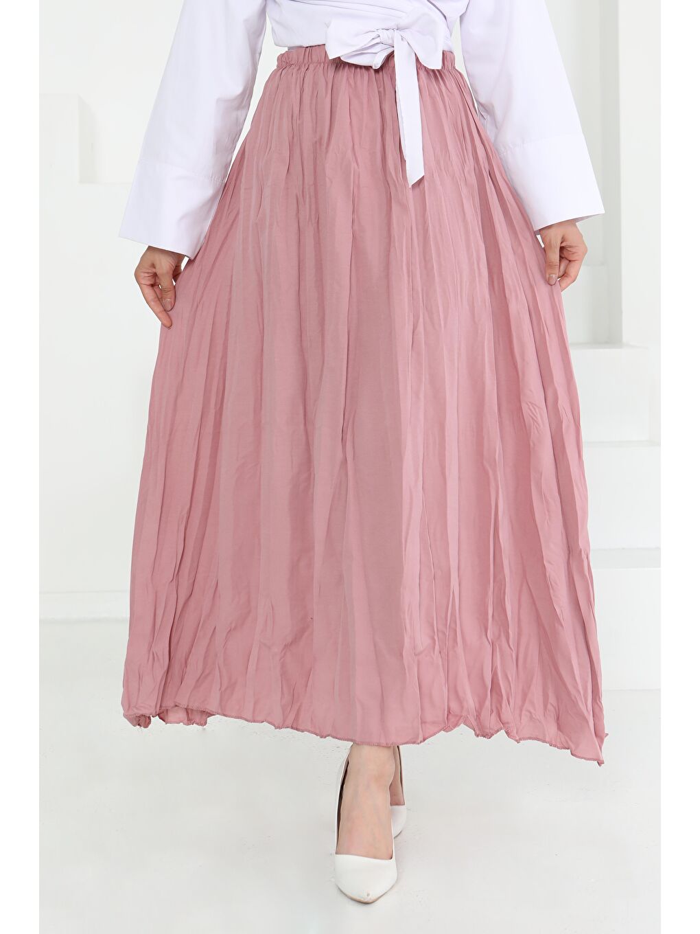 Pembe Beli Lastikli Kırışık Etek Gül - 27013-3