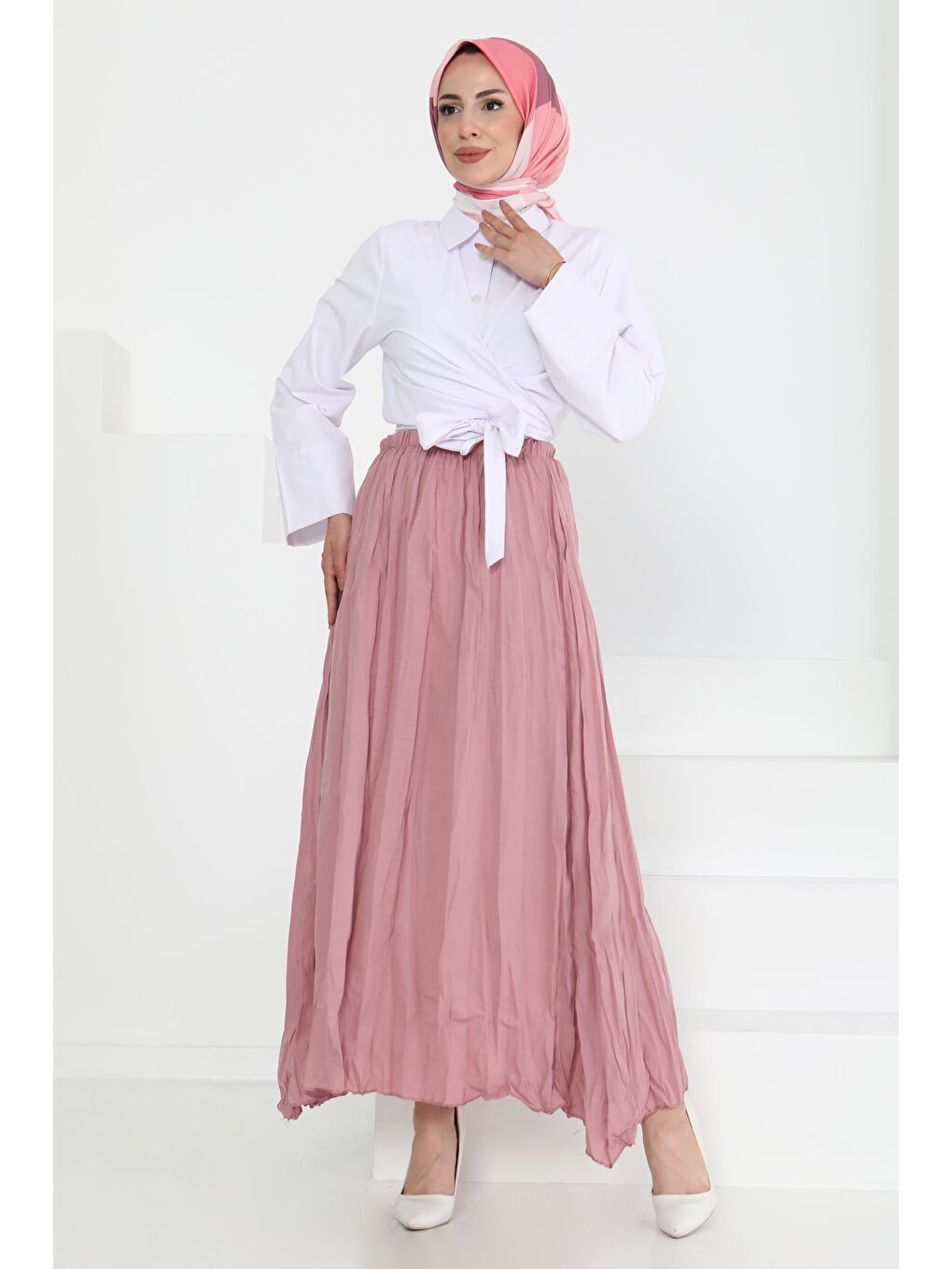 Pembe Beli Lastikli Kırışık Etek Gül - 27013-4