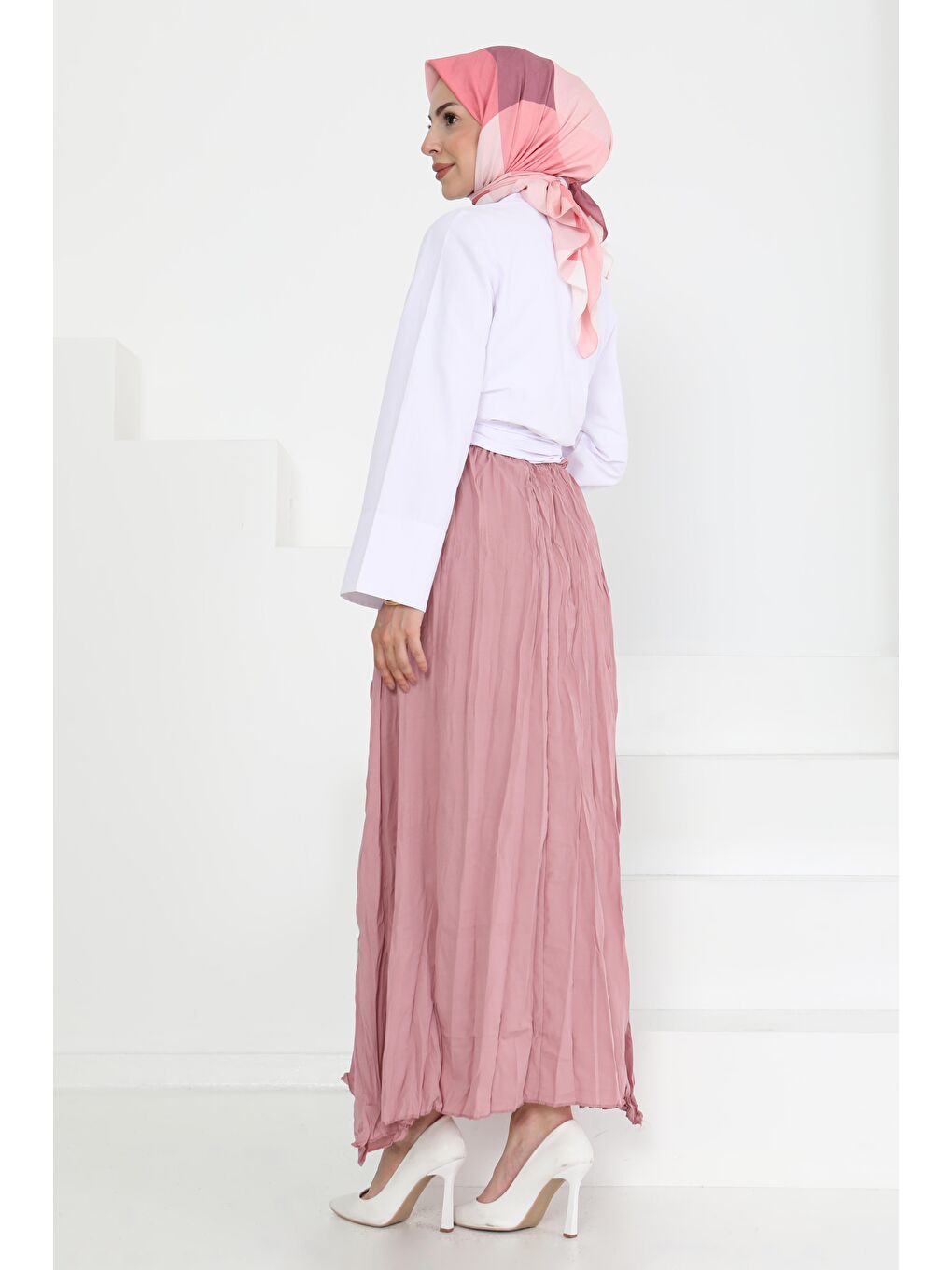 Pembe Beli Lastikli Kırışık Etek Gül - 27013-5