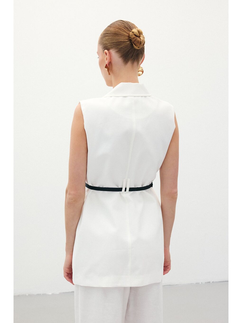 Kemerli Keten Yelek - Ekru-7