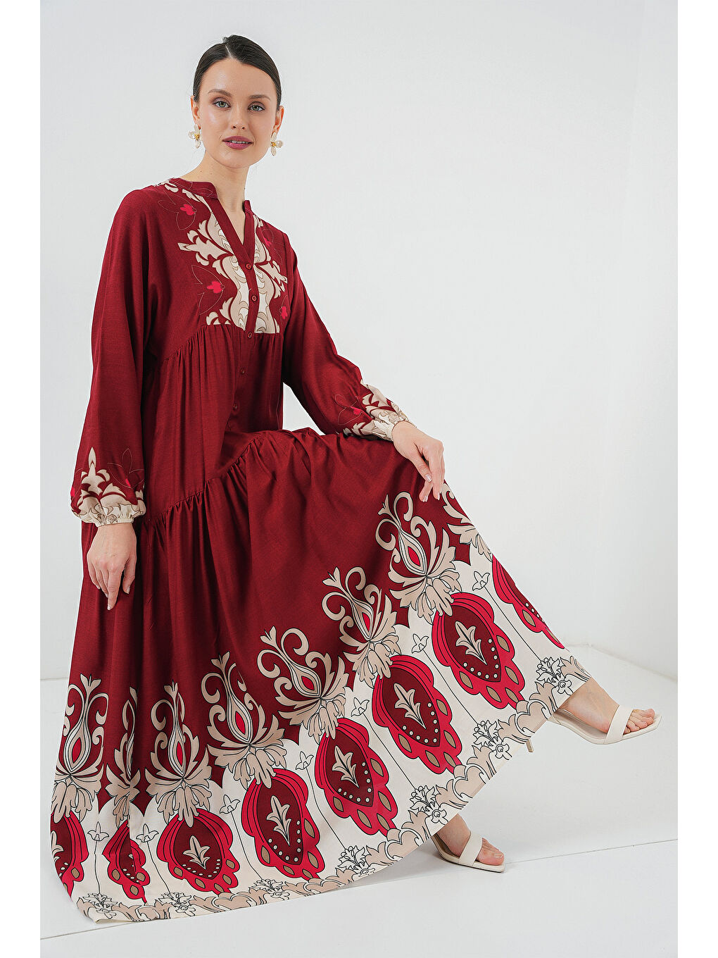 2423 Otantik Desenli Tesettür Elbise - C. Bordo