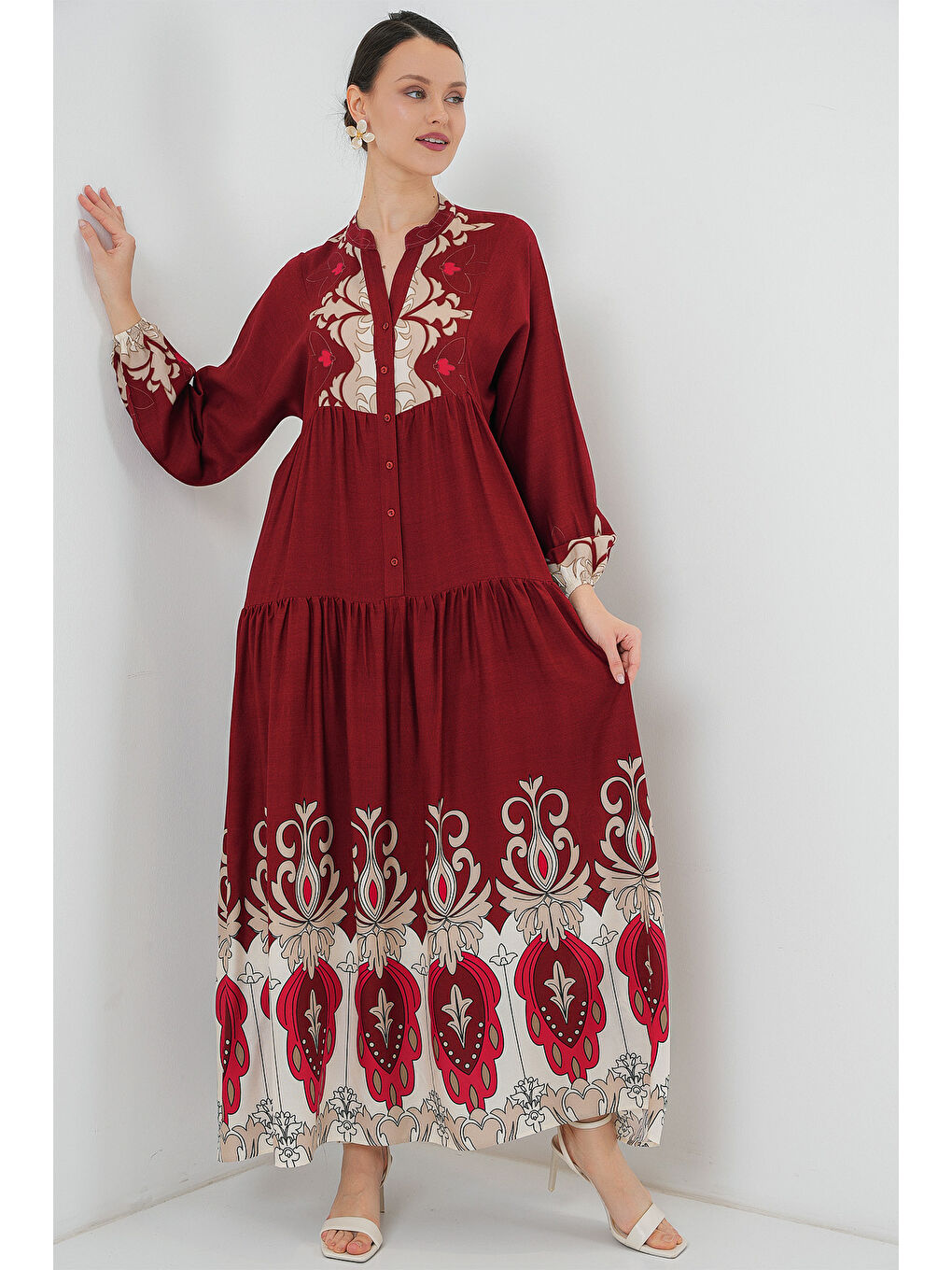 2423 Otantik Desenli Tesettür Elbise - C. Bordo-2