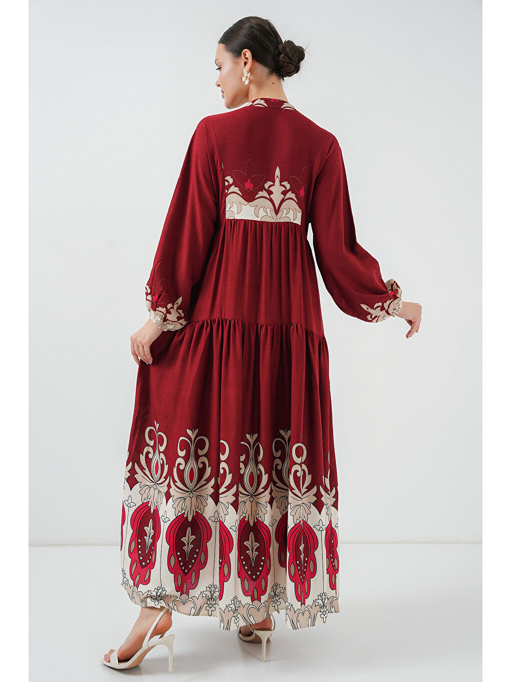 2423 Otantik Desenli Tesettür Elbise - C. Bordo-4