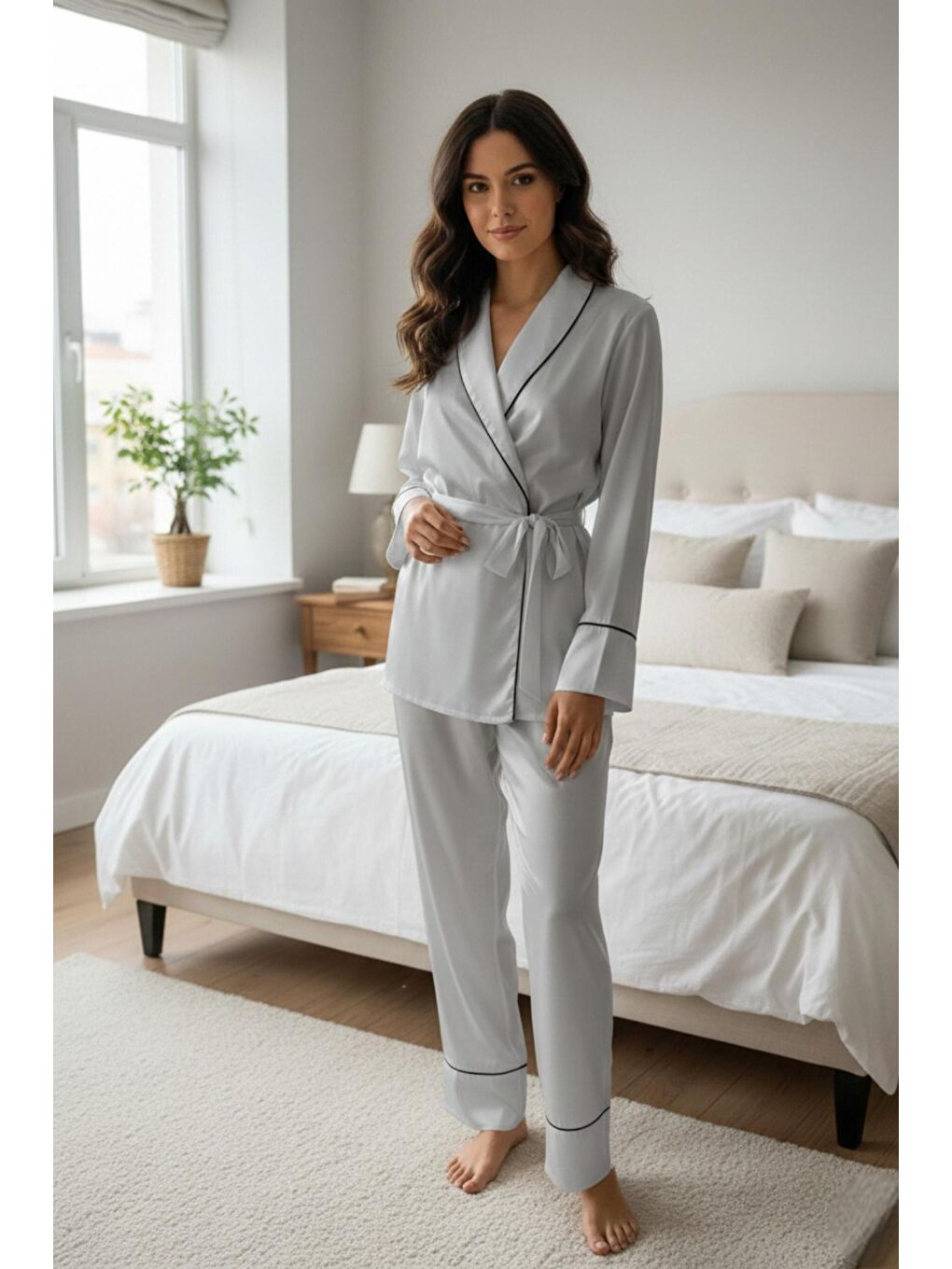 Gri Soft Glow Şal Yaka Uzun Kol Saten Pijama Takımı