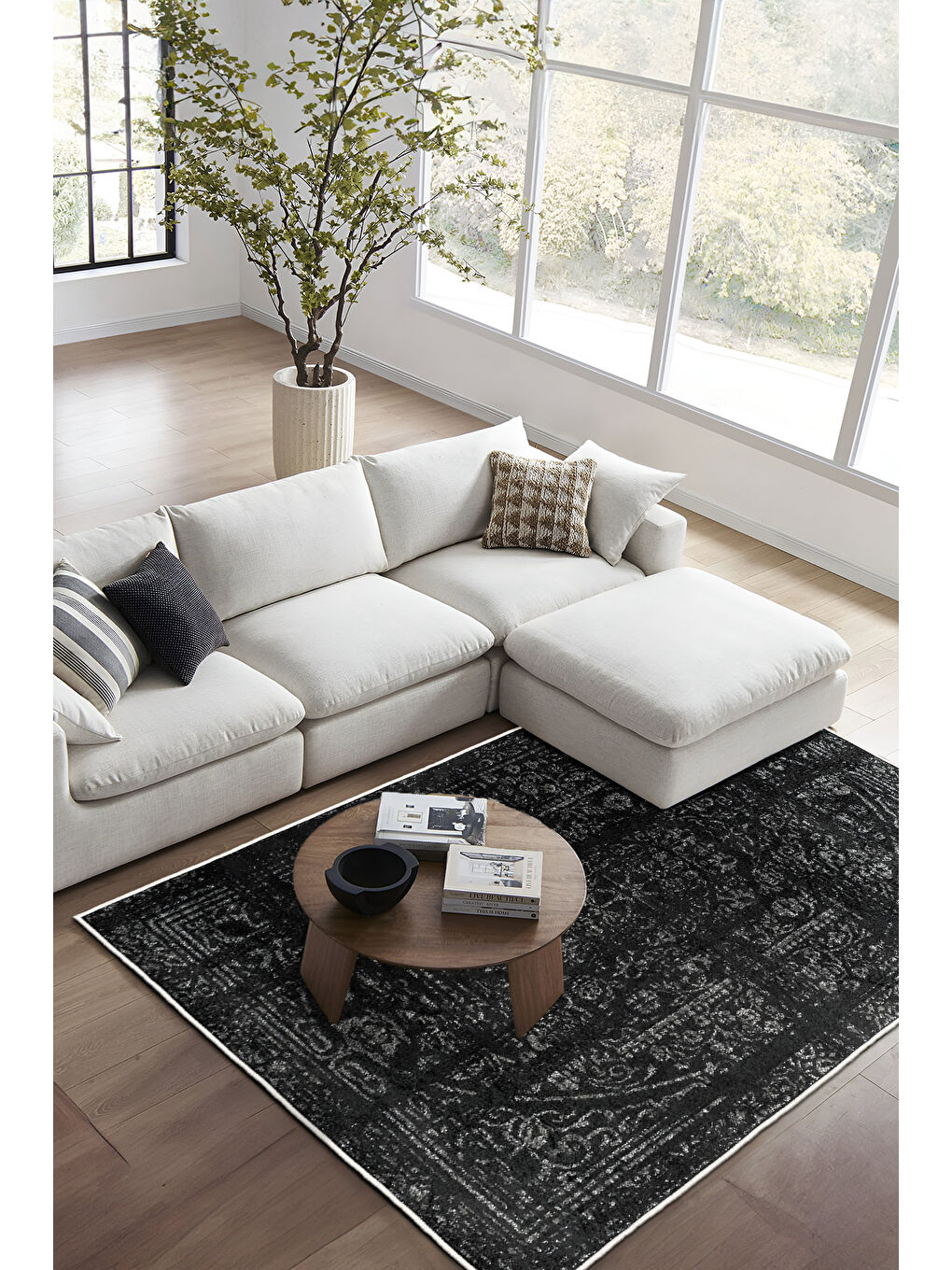 Homefesto Siyah Dekoratif Özel Tasarım Yıkanabilir İnce Kaymaz Tabanlı Modern Halı KECE FR39 - 1