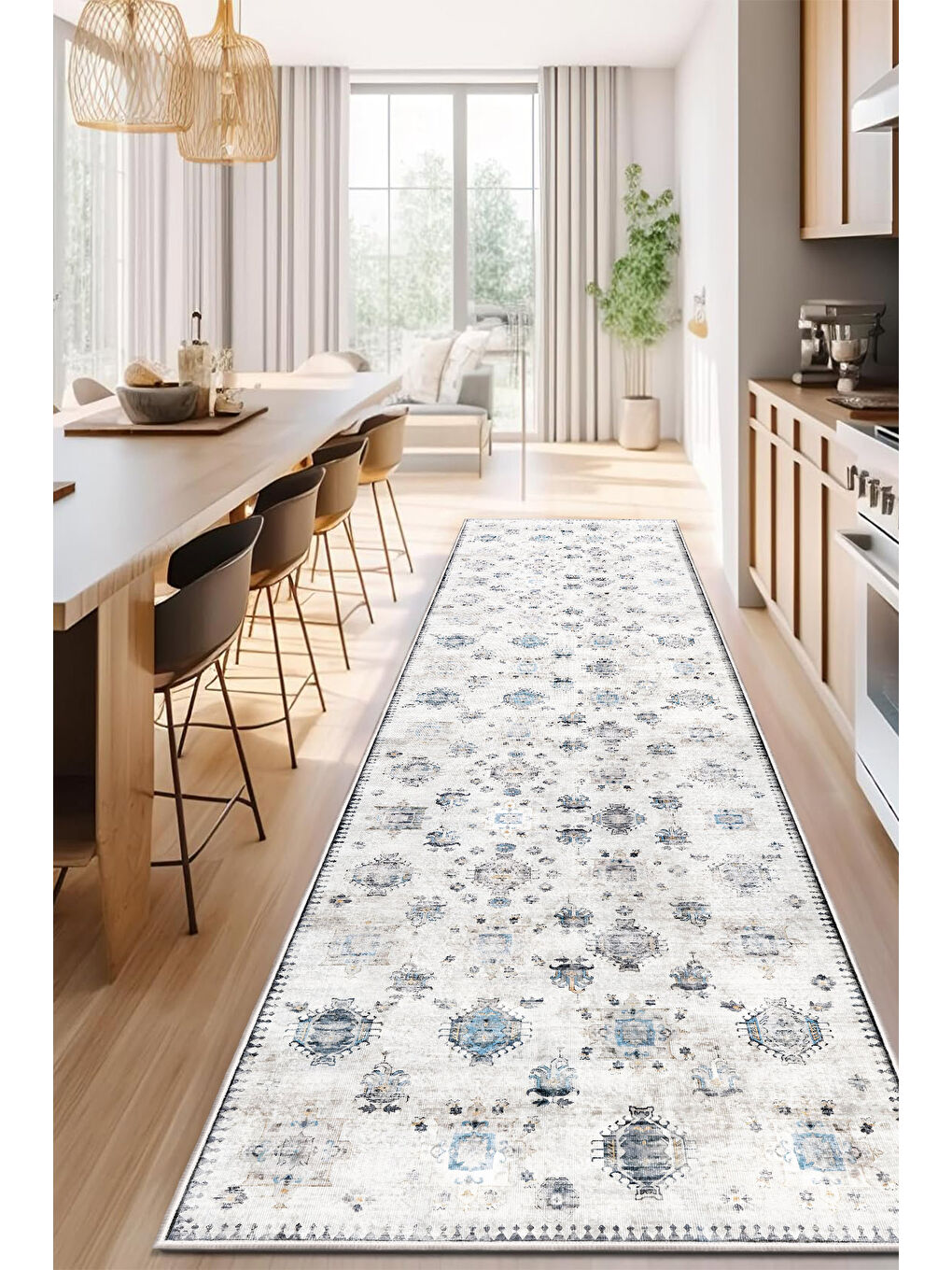 Beyaz Dekoratif Özel Tasarım Yıkanabilir İnce Kaymaz Tabanlı Modern Halı KECE FR36-4