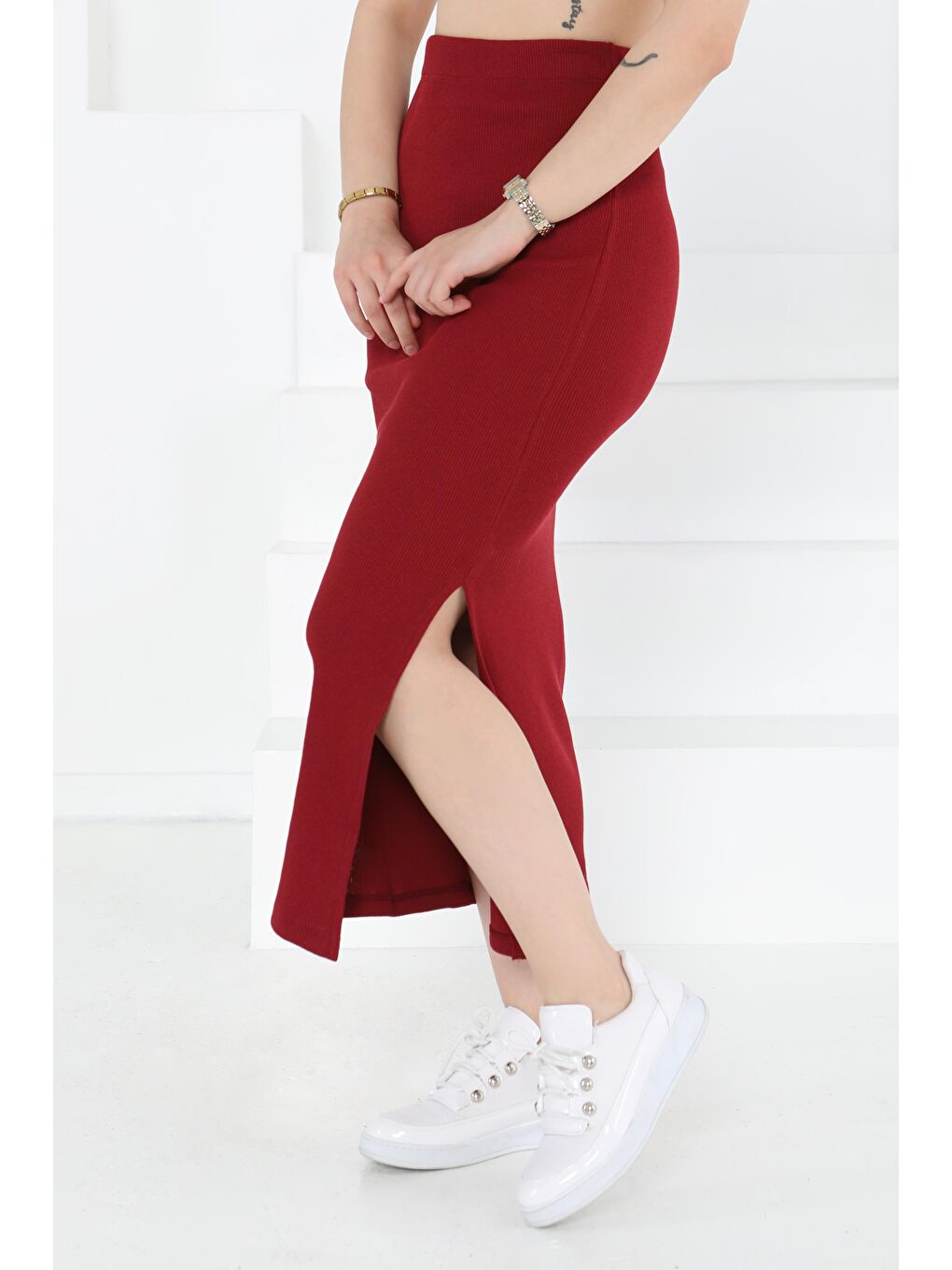 Yırtmaçlı Etek Bordo - 27233