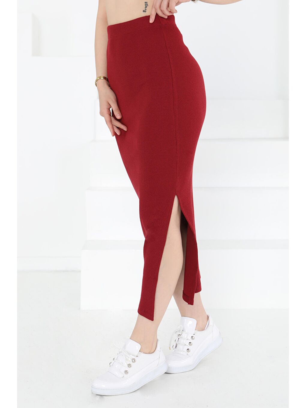 Yırtmaçlı Etek Bordo - 27233-2