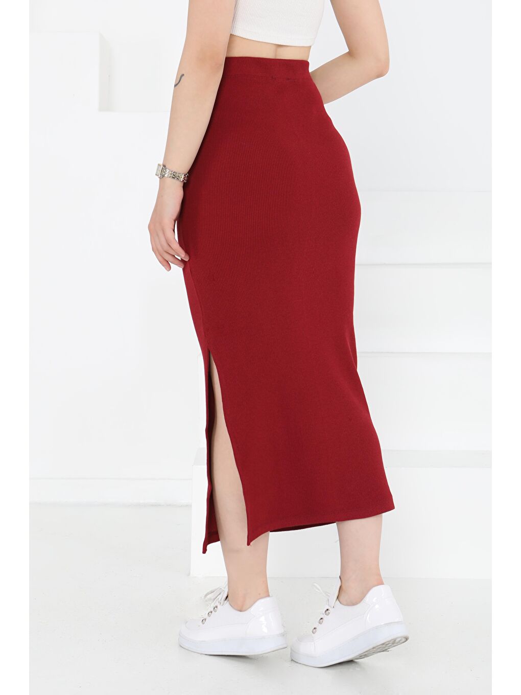 Yırtmaçlı Etek Bordo - 27233-3