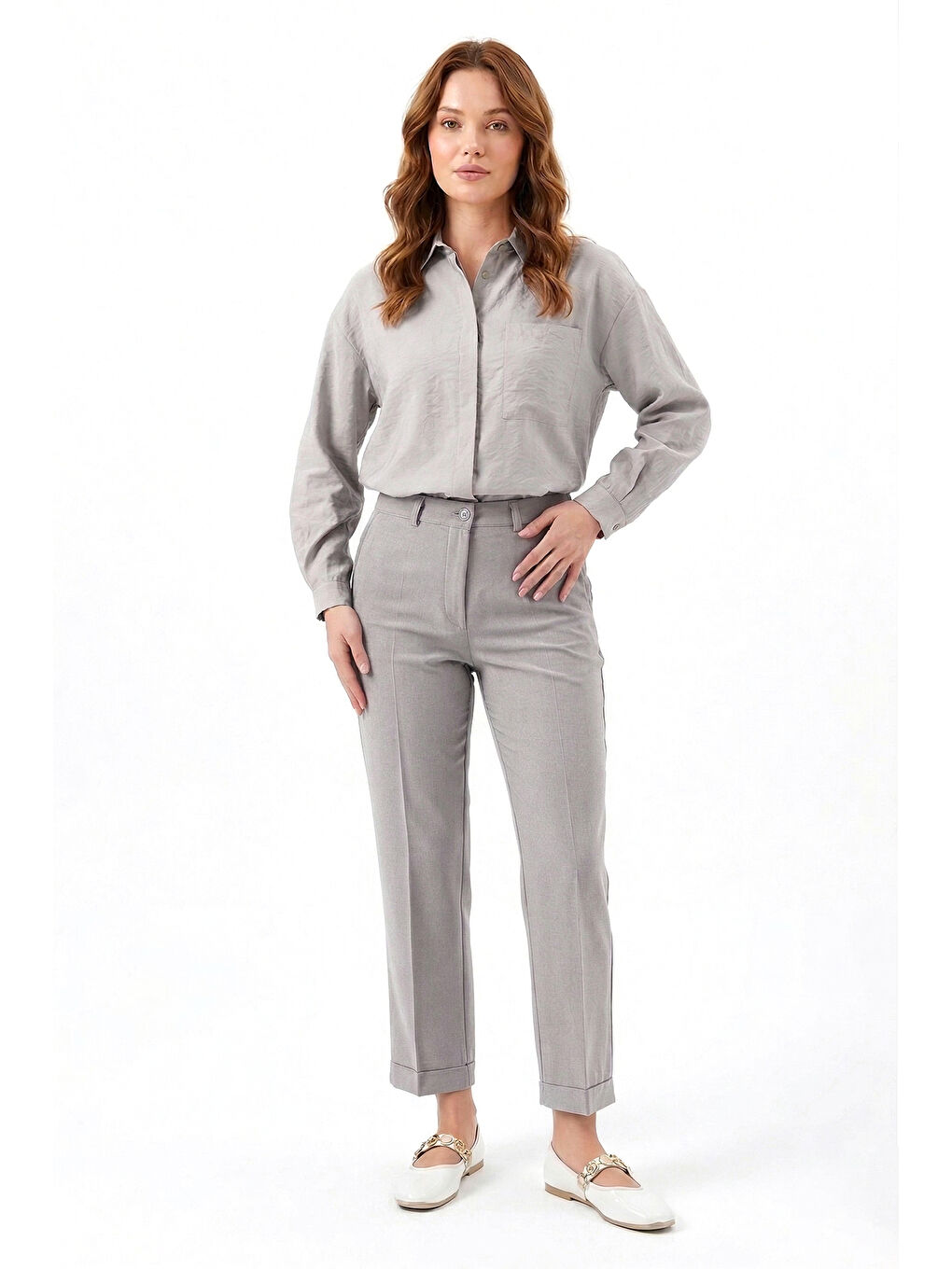 Büyük Beden Kadın Yırtmaç Detay Bilek Boy Kumaş Pantolon 07 Açık Gri-4