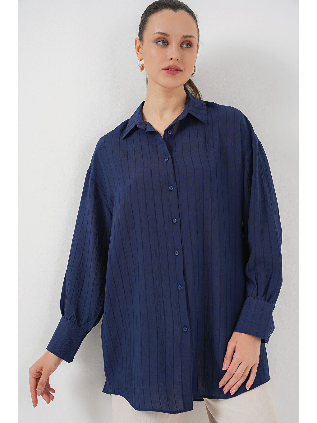 Kadın Çizgili Uzun Gömlek Tunik 5963 - Lacivert
