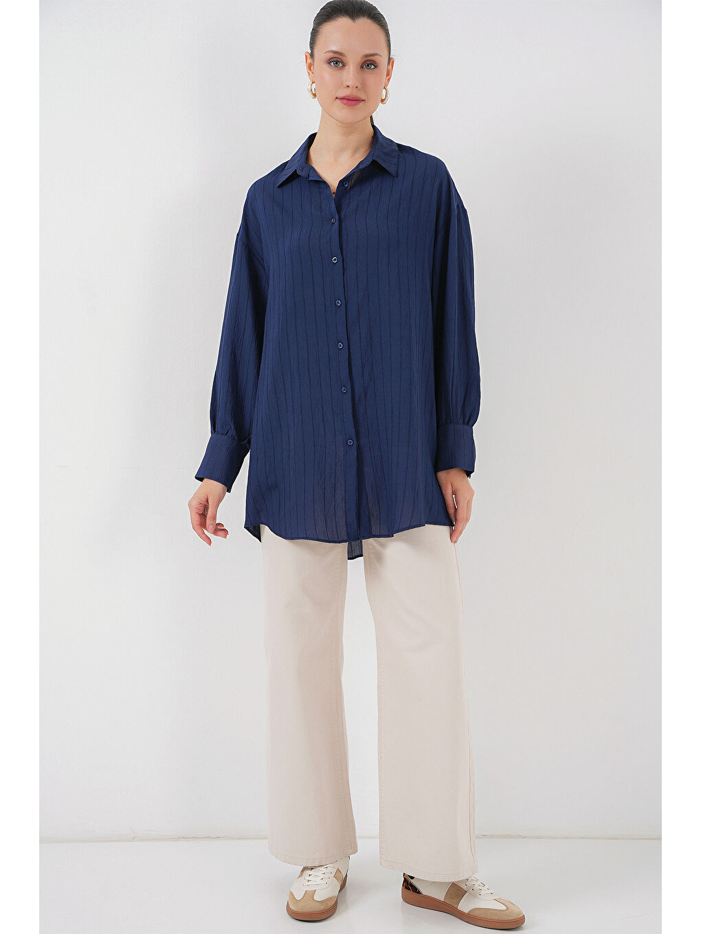 Kadın Çizgili Uzun Gömlek Tunik 5963 - Lacivert-1