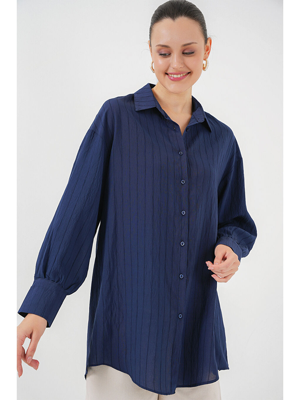 Kadın Çizgili Uzun Gömlek Tunik 5963 - Lacivert-2