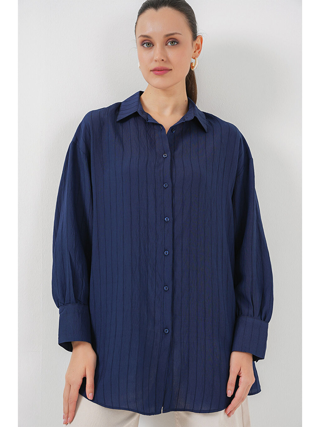 Kadın Çizgili Uzun Gömlek Tunik 5963 - Lacivert-3