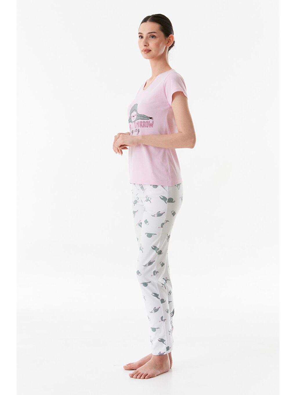 Fullamoda Pembe Baskılı Bisiklet Yaka Pijama Takımı - 3