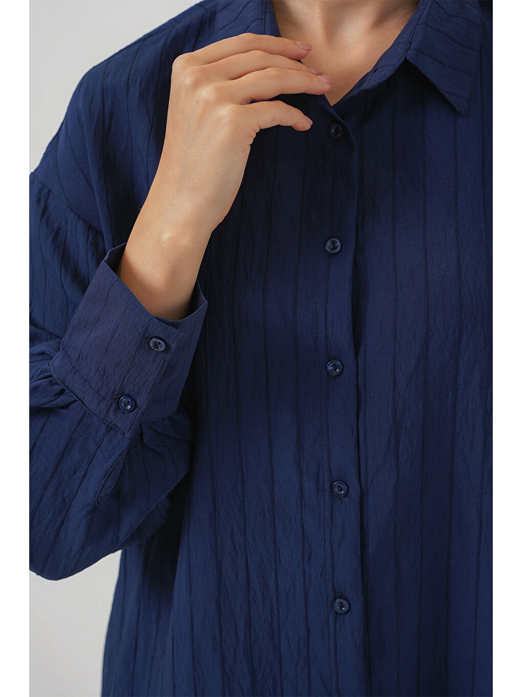 Kadın Çizgili Uzun Gömlek Tunik 5963 - Lacivert-4