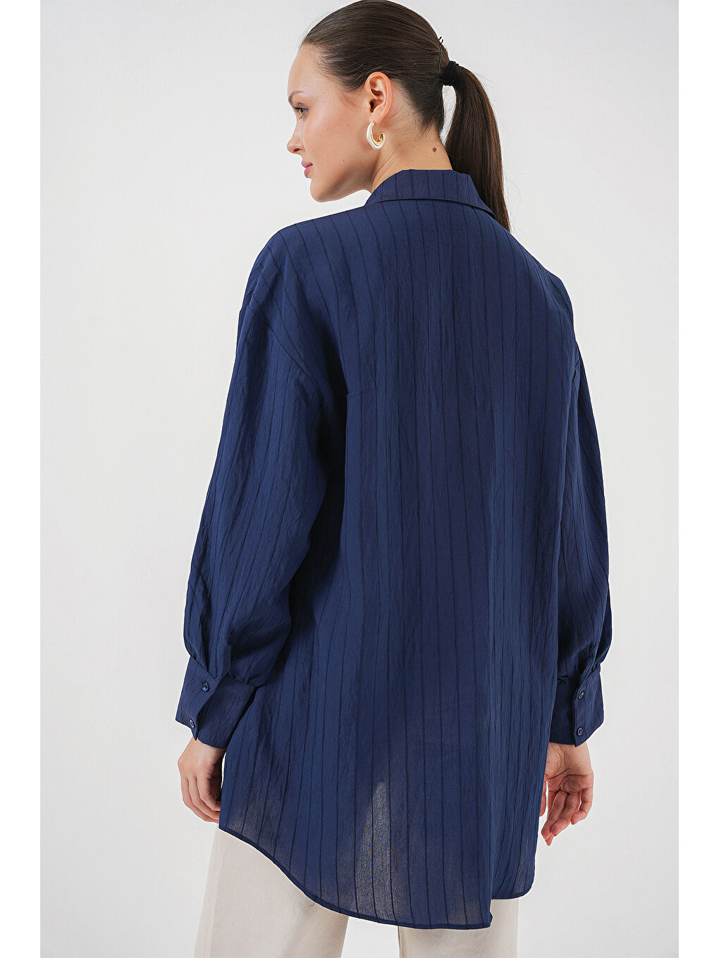 Kadın Çizgili Uzun Gömlek Tunik 5963 - Lacivert-5