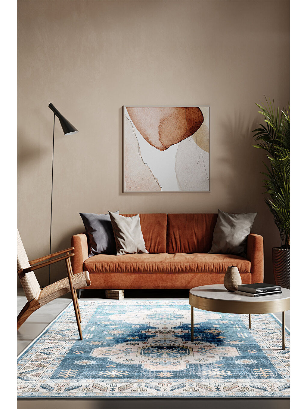 Mavi Dekoratif Özel Tasarım Yıkanabilir İnce Kaymaz Tabanlı Modern Halı KECE FR38-1