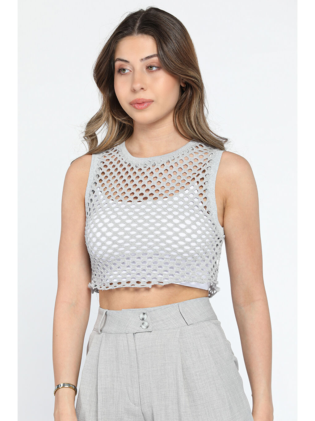 GÜLSELİ Gri Bisiklet Yaka File Kadın Crop Top Örme Süveter - 2