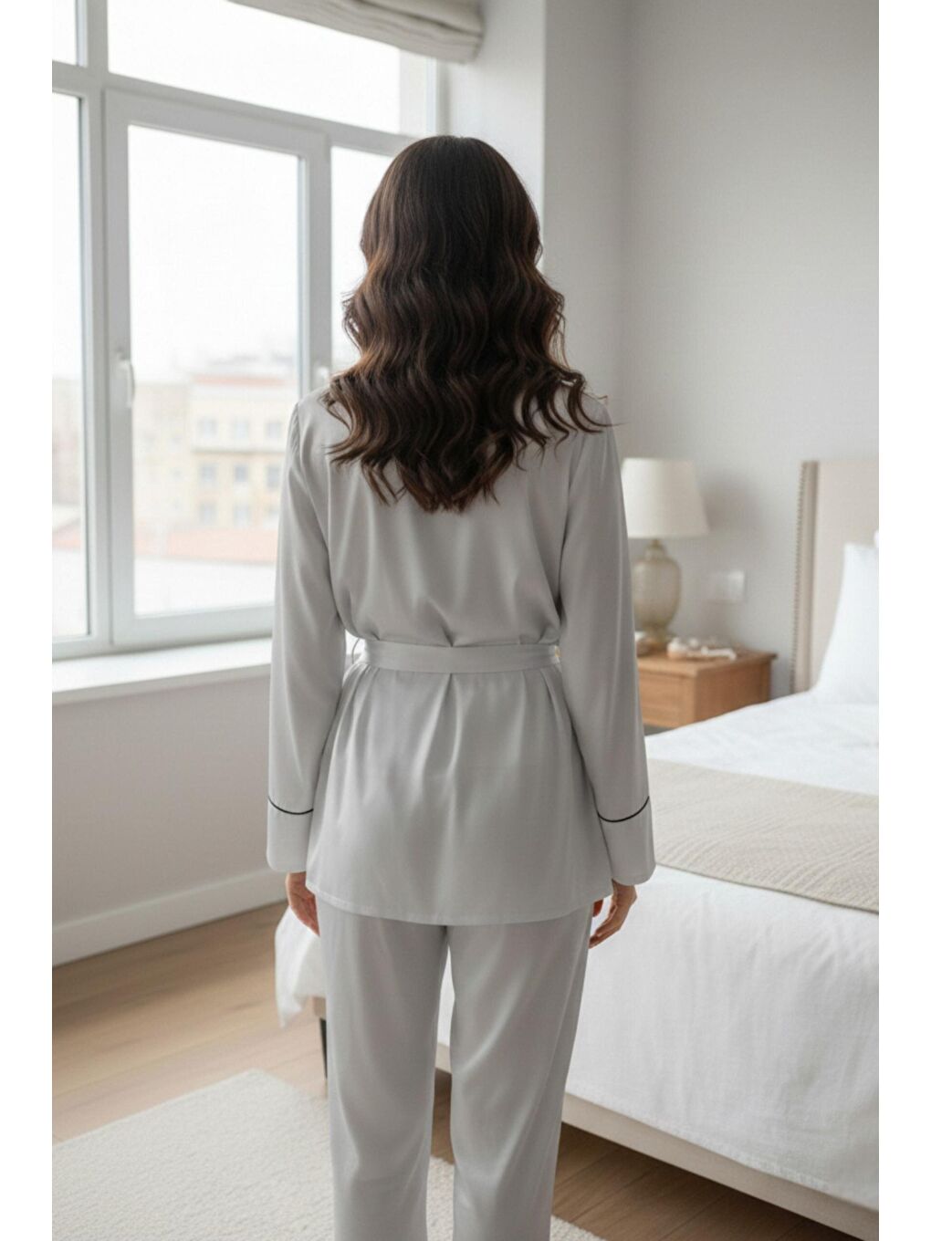 Gri Soft Glow Şal Yaka Uzun Kol Saten Pijama Takımı-2