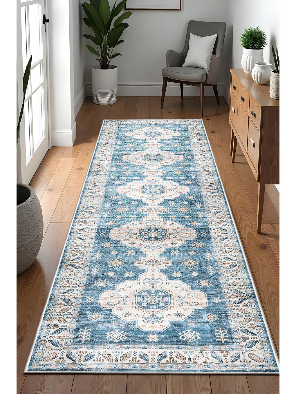 Mavi Dekoratif Özel Tasarım Yıkanabilir İnce Kaymaz Tabanlı Modern Halı KECE FR38-4