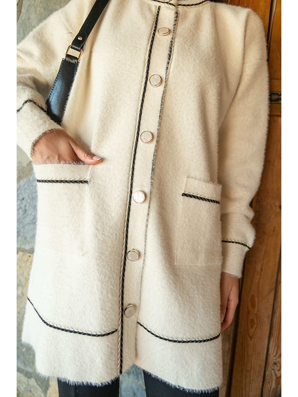 Kadın Bisiklet Yaka Triko Ceket Bej-4