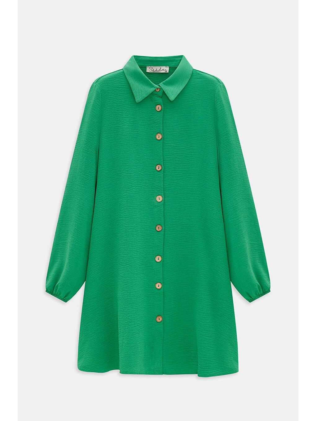 Yeşil Kadın Gömlek Yaka Ahşap Düğmeli Kolağzı Lastikli Aerobin Dokuma Tunik - Regular Fit