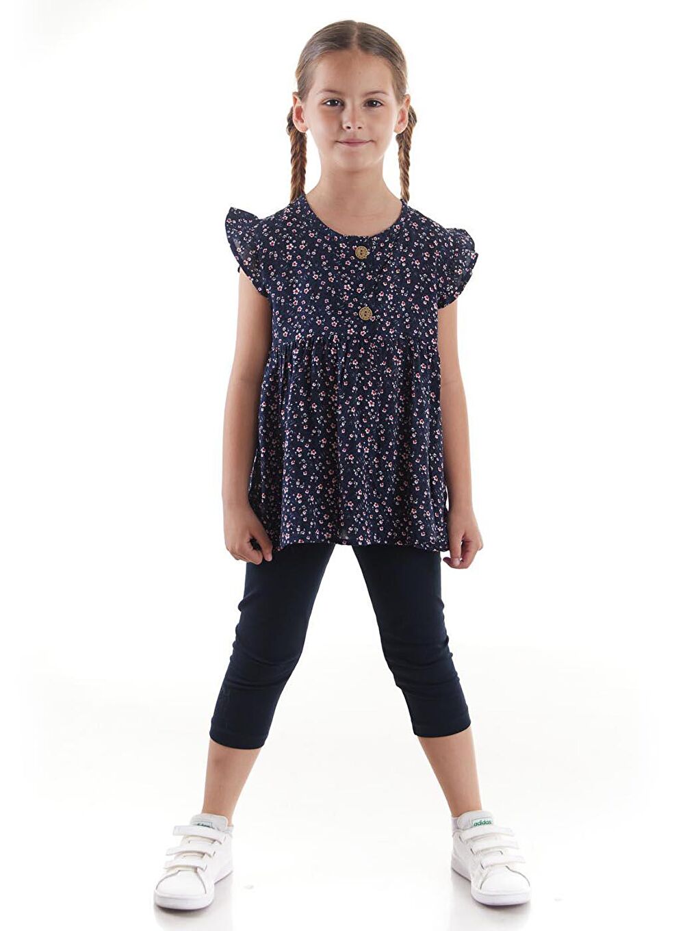 Lacivert Kız Çocuk Takım Vizkon Baskılı Taytlı Alt Üst Takım Pamuklu Ak2522