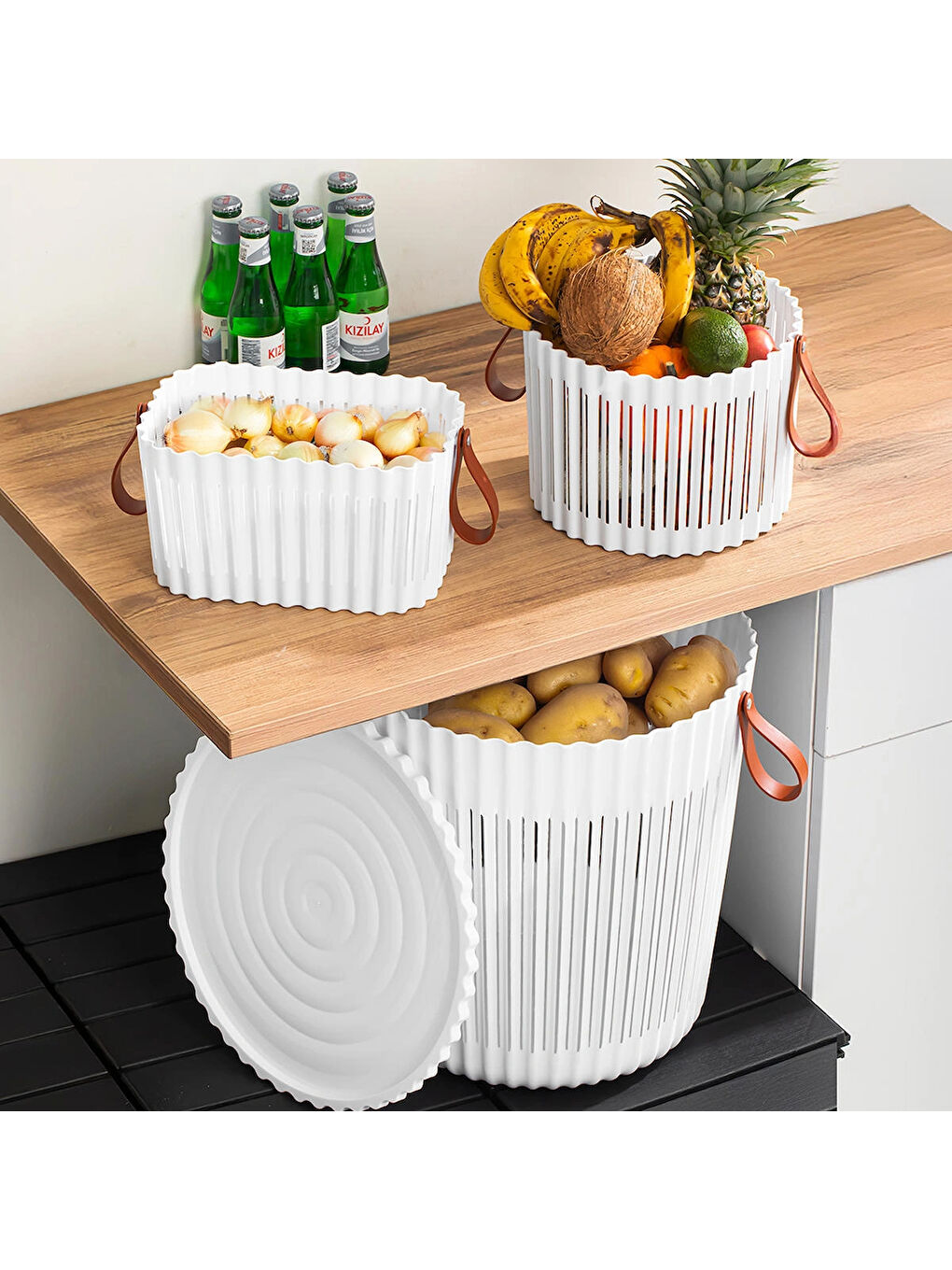 4316 Beyaz 3'lü Sepet Seti – Banyo Mutfak Organizeri, Tezgah Üstü ve Kirli Çamaşır Sepeti-1