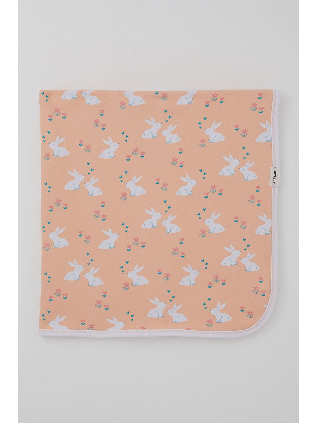 Pembe Yenidoğan Bebek Battaniyesi Sevimli Tavşancıklar Desenli Çiçekli Somon (78 X 88 Cm)