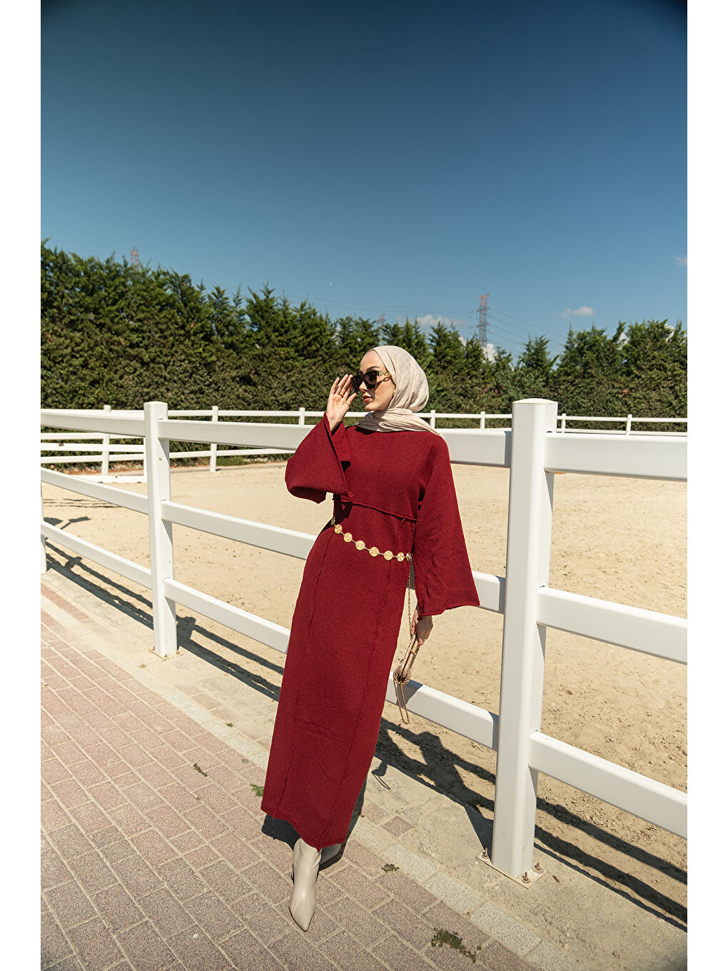 Kadın Kendinden Desenli Kraş Elbise Bordo-1