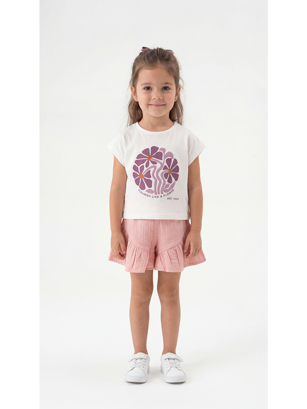Pembe Flourish Like A Flower Kabartma Baskılı Kız Çocuk Tişört-Şort Takım