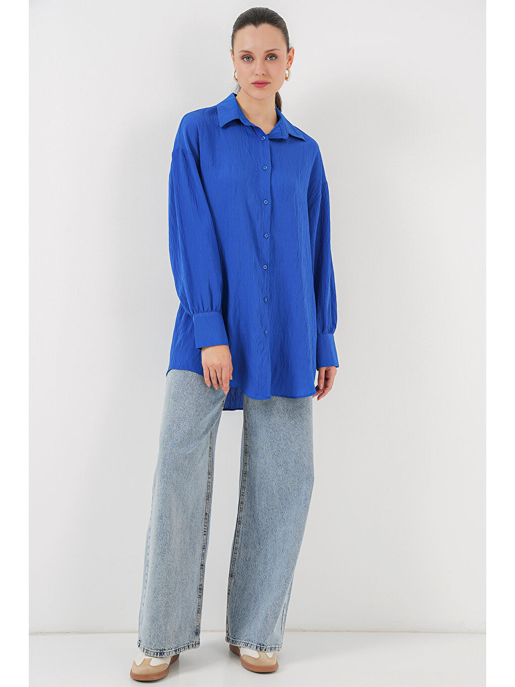 Mavi Kadın Çizgili Uzun Gömlek Tunik 5963 - Saks-1