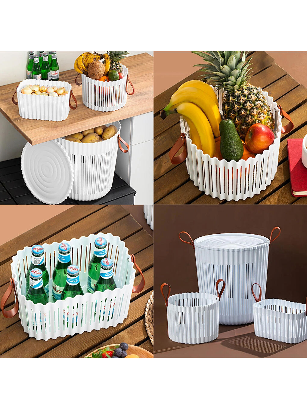 4316 Beyaz 3'lü Sepet Seti – Banyo Mutfak Organizeri, Tezgah Üstü ve Kirli Çamaşır Sepeti-2