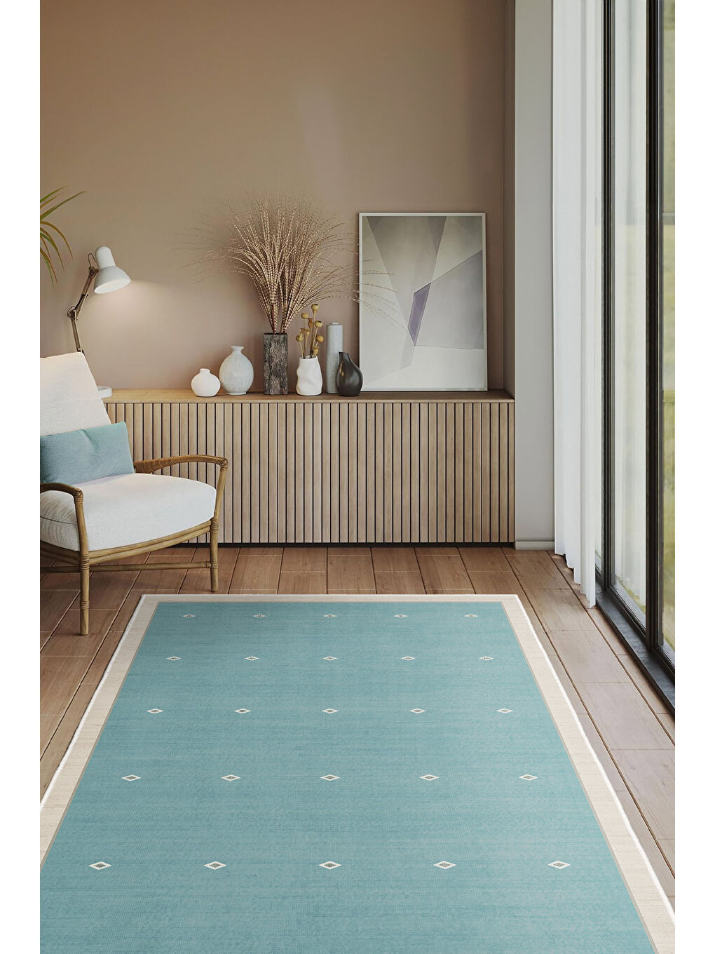 Mavi Dekoratif Özel Tasarım Yıkanabilir İnce Kaymaz Tabanlı Modern Halı KECE FR39-2