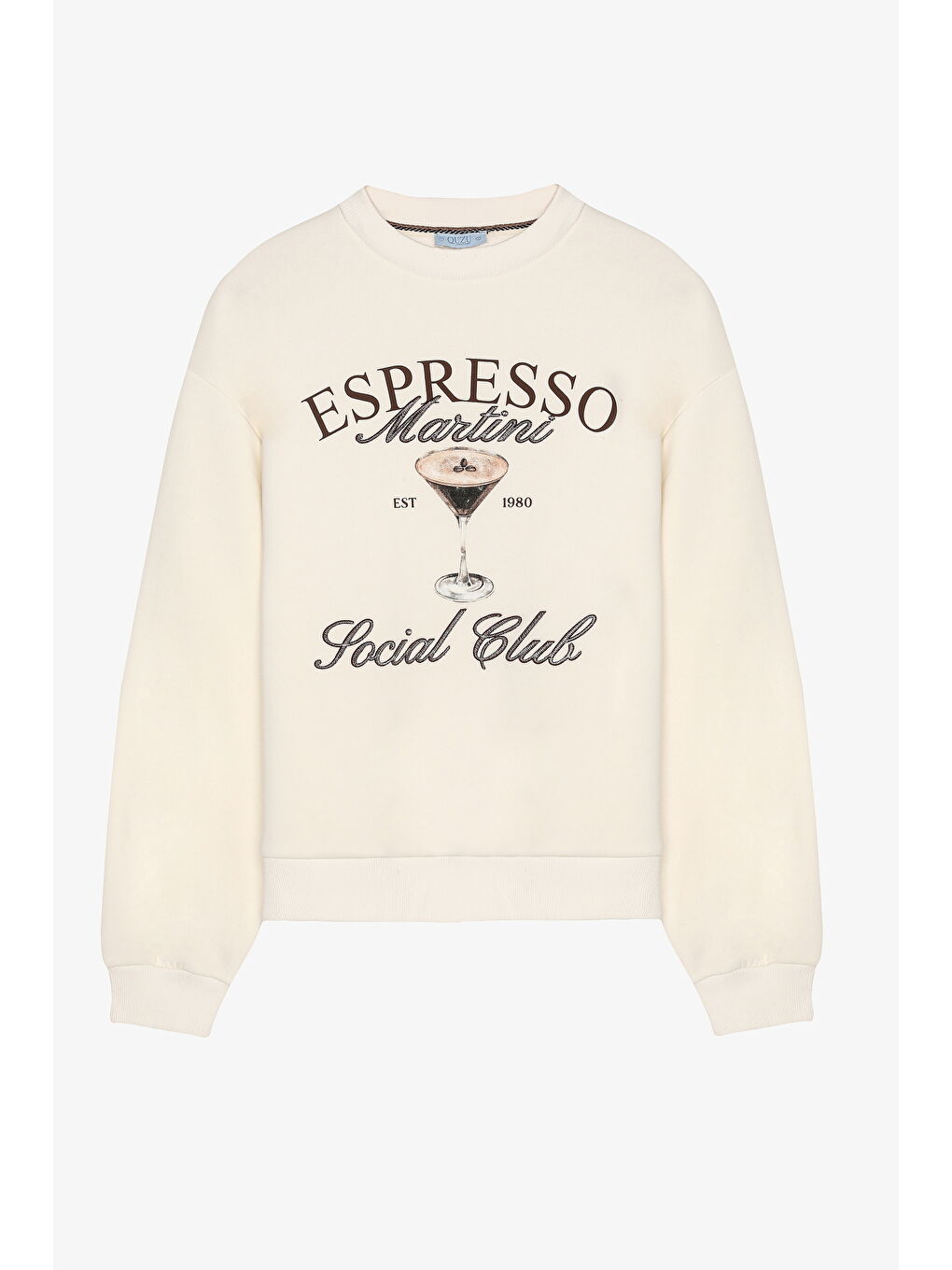 Espresso Baskılı Yazı Nakışlı Oversize Sweatshirt Ekru