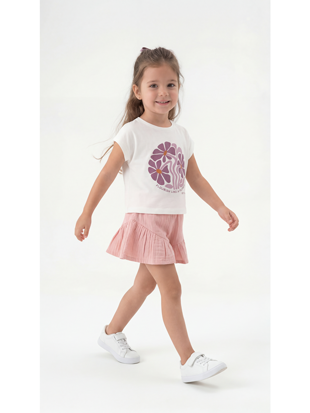 Pembe Flourish Like A Flower Kabartma Baskılı Kız Çocuk Tişört-Şort Takım-1