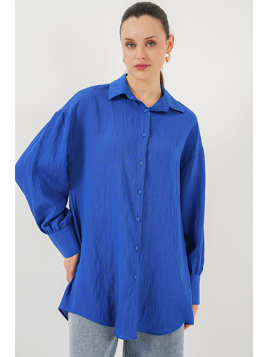 Mavi Kadın Çizgili Uzun Gömlek Tunik 5963 - Saks-3