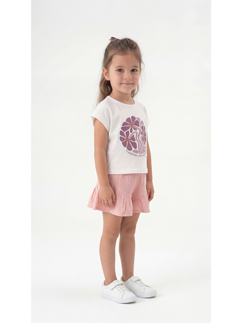 Pembe Flourish Like A Flower Kabartma Baskılı Kız Çocuk Tişört-Şort Takım-2