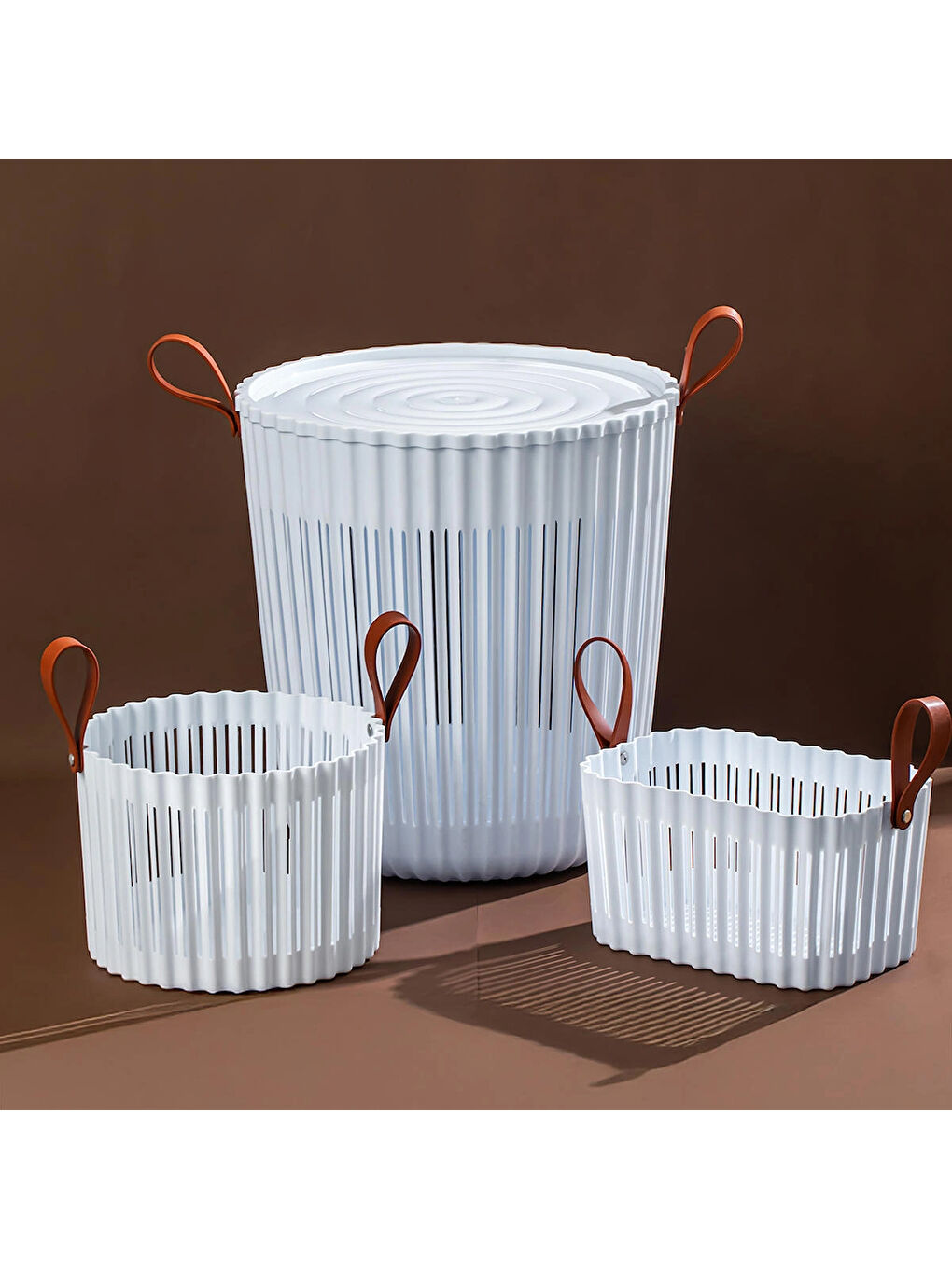 4316 Beyaz 3'lü Sepet Seti – Banyo Mutfak Organizeri, Tezgah Üstü ve Kirli Çamaşır Sepeti-3