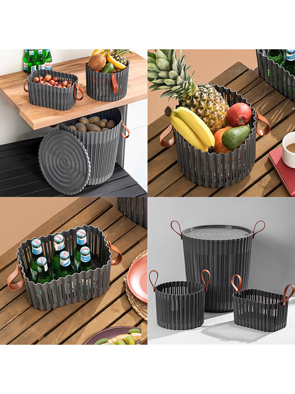 4314 Antrasit 3'lü Sepet Seti – Banyo Mutfak Organizeri, Tezgah Üstü ve Kirli Çamaşır Sepeti
