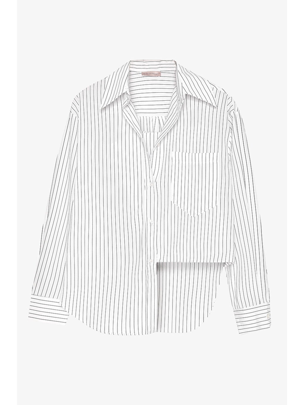 Asimetrik Kesim Çizgili Oversize Gömlek Beyaz-1